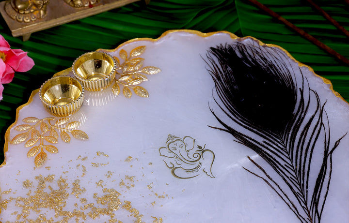  resin pooja thali, feather design, handmade, festive decor, traditional plate etc.: