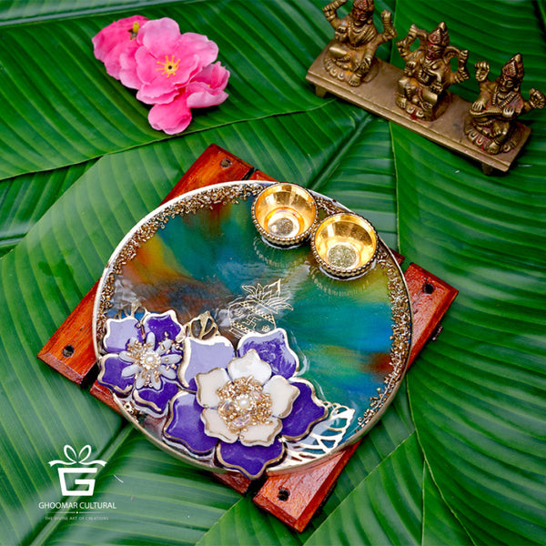 resin pooja thali, feather design, handmade, festive decor, traditional plate etc