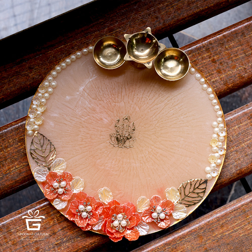 Shell Thali Handcrafted Cream Pooja Thali with Pearl & Shell Flower Design ...