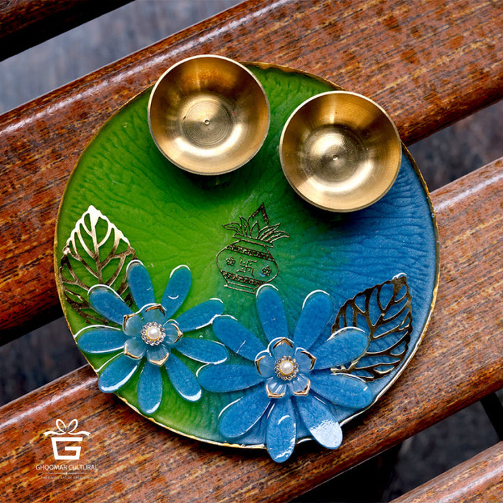  resin pooja thali, feather design, handmade, festive decor, traditional plate etc