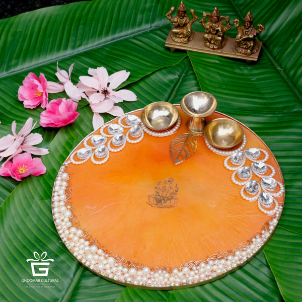  resin pooja thali, feather design, handmade, festive decor, traditional plate etc