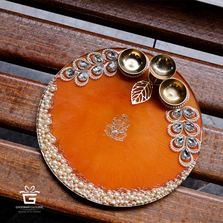  resin pooja thali, feather design, handmade, festive decor, traditional plate etc