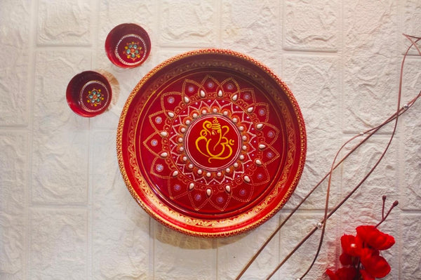 DECORATIVE RED DESGINER POOJA THALI 9 INCH