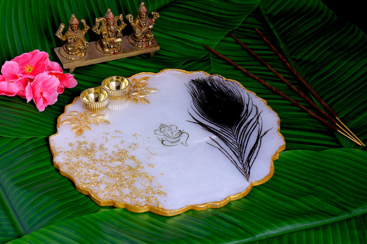  resin pooja thali, feather design, handmade, festive decor, traditional plate etc
