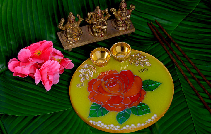  resin pooja thali, feather design, handmade, festive decor, traditional plate etc