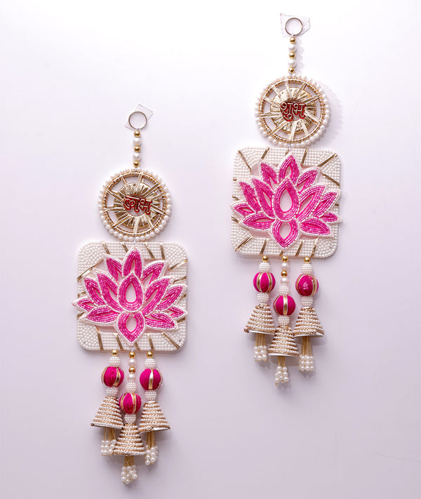 Pink Lotus Shubh Labh Door Hanging | Handmade Diwali Decor | Festive Wall Hanging